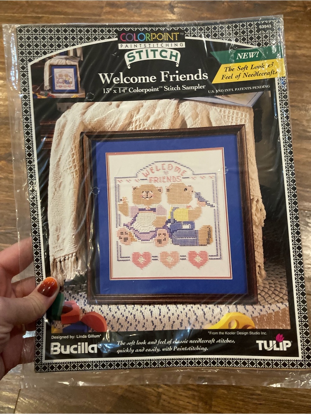 Bucilla Welcome Friends Sampler with Blue Mat and Pastel Accents
